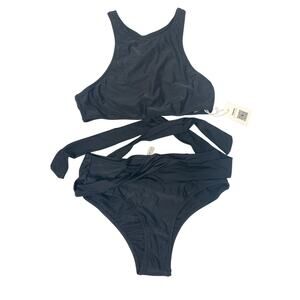 Cupshe Women's Black Polyester Racerback Top and Wrap Around Bikini Bottoms L